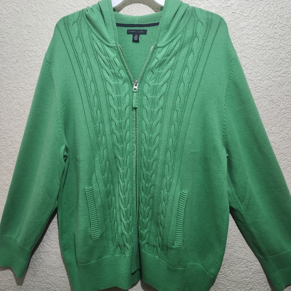 Tommy Hilfiger Hooded Green Cable Knit Cardigan Sweater